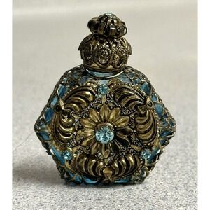 Vintage Ornate Filigree Ormolu Style Rhinestones Perfume Bottle Gold Tone